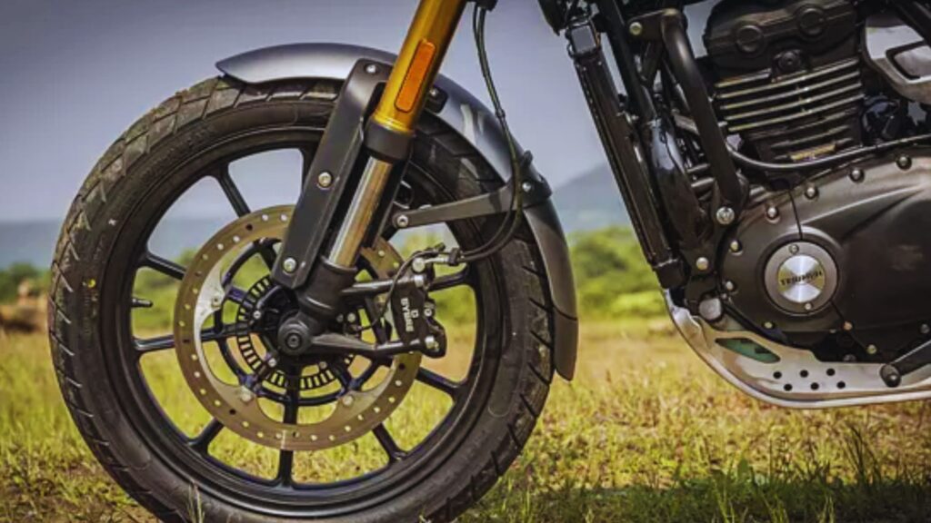 This is an image of the Triumph Scrambler 400 X front disc break.