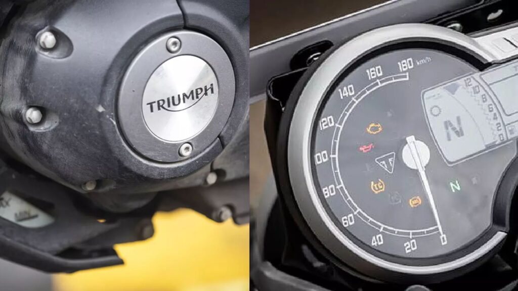 This is an image of the engine and speedometer of Triumph speed 400.